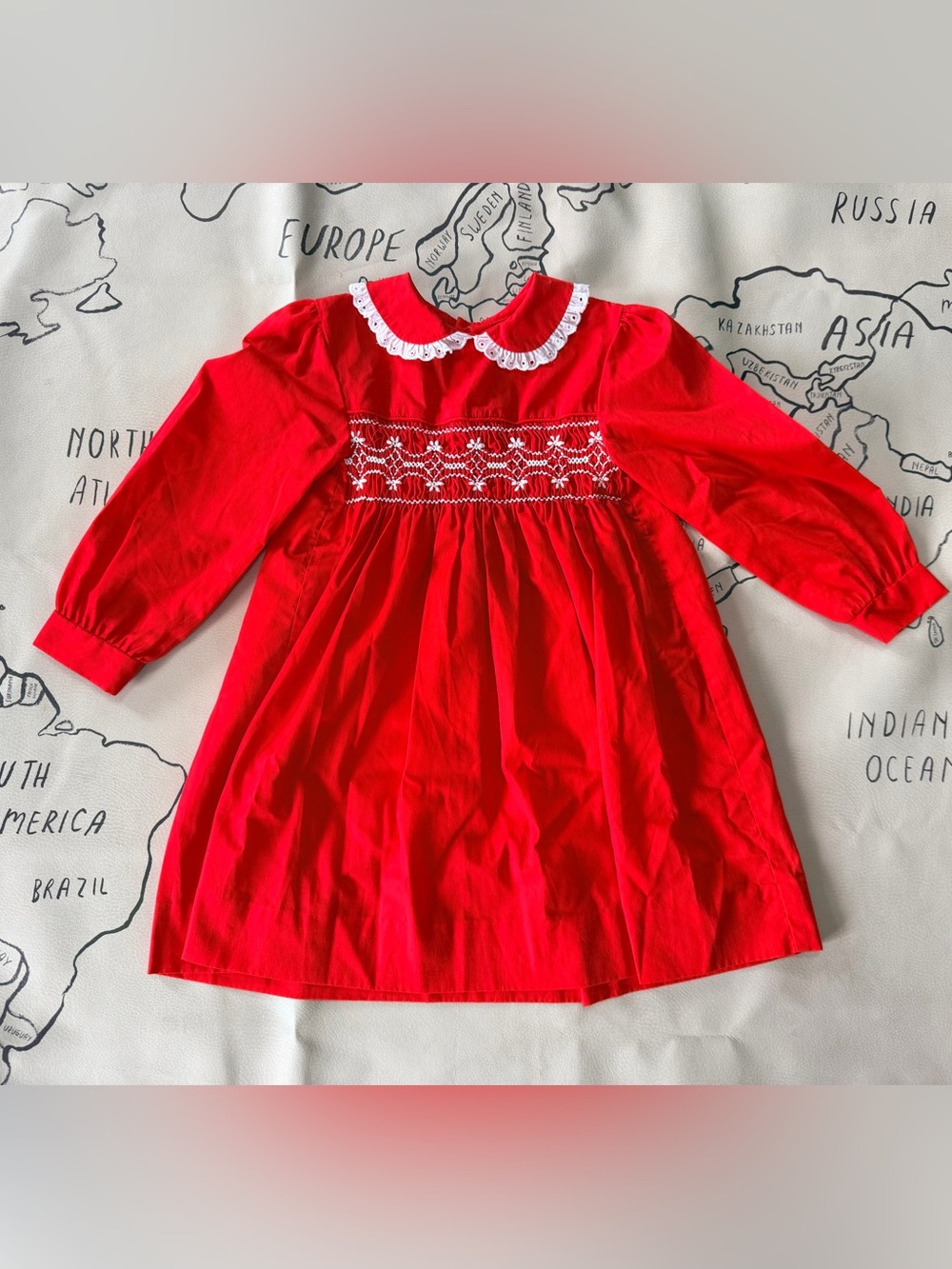 Polly Flinder Vintage Red Smocked Long-Sleeve Girls' Dress with Peter Pan Collar